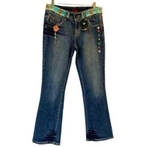 Leo Roma | Medium Wash Boho Denim Jeans With Velvet Belt & Gem Details Size 7